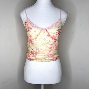 Y2K Floral Lace Trim Babydoll Cami Tank Top Sheer Mesh Dainty Fairy Skinny Strap
